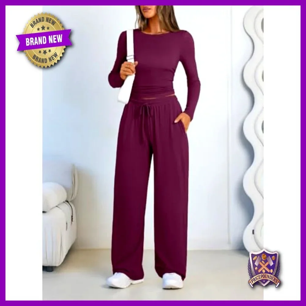 Two Piece Lounge Set Long Sleeve Wide Leg Pants Comfort Stretch Business Casual
